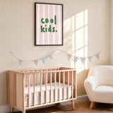 Cool Kids Typography Minimalist Wall Art – Green Text on Pink Stripes