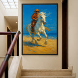 Cowboy Riding White Horse Traditional Wall Art – Western Beach Landscape