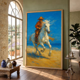 Cowboy Riding White Horse Traditional Wall Art – Western Beach Landscape