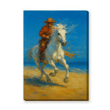 Cowboy Riding White Horse Traditional Wall Art – Western Beach Landscape