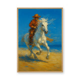 Cowboy Riding White Horse Traditional Wall Art – Western Beach Landscape