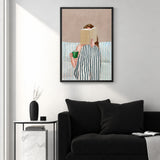 Cozy Reading Modern Wall Art – Woman With Green Mug on Striped Bedding