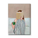 Cozy Reading Modern Wall Art – Woman With Green Mug on Striped Bedding