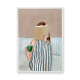 Cozy Reading Modern Wall Art – Woman With Green Mug on Striped Bedding