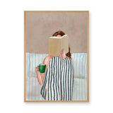 Cozy Reading Modern Wall Art – Woman With Green Mug on Striped Bedding