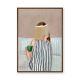 Cozy Reading Modern Wall Art – Woman With Green Mug on Striped Bedding