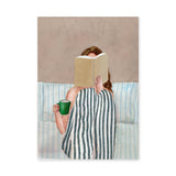 Cozy Reading Modern Wall Art – Woman With Green Mug on Striped Bedding