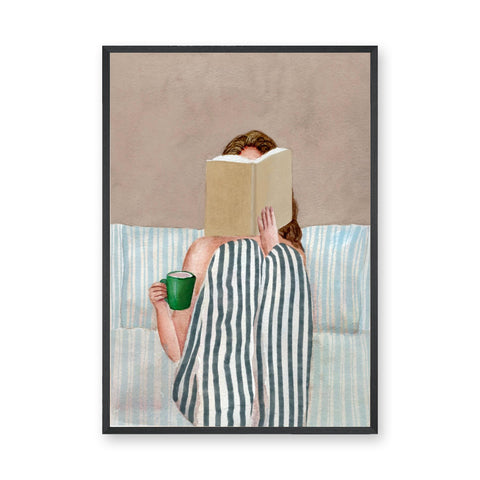 Cozy Reading Modern Wall Art – Woman With Green Mug on Striped Bedding