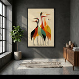 Crane Bird Mid Century Modern Wall Art – Geometric Herons on Beige