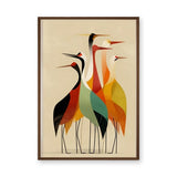 Crane Bird Mid Century Modern Wall Art – Geometric Herons on Beige