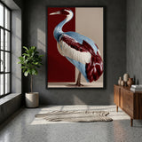Crane Bird Modern Wall Art – Blue, Red, and Beige Animal Print