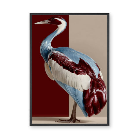 Crane Bird Modern Wall Art – Blue, Red, and Beige Animal Print