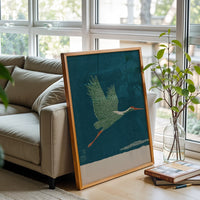 Crane Bird Décor Poster, Nostalgic Japanese Minimal Wall Poster, Contemporary Zen Nature Artwork, Elegant Flying Bird Decor, Asian Home Print
