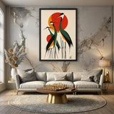 Crane Birds Mid Century Modern Wall Art – Red Orange Sun Reeds