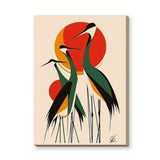 Crane Birds Mid Century Modern Wall Art – Red Orange Sun Reeds