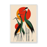 Crane Birds Mid Century Modern Wall Art – Red Orange Sun Reeds