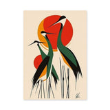 Crane Birds Mid Century Modern Wall Art – Red Orange Sun Reeds
