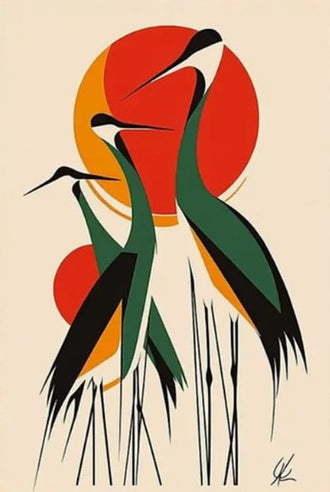 Crane Birds Mid Century Modern Wall Art – Red Orange Sun Reeds