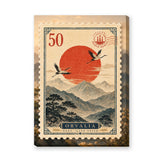 Crane Landscape Vintage Wall Art – Orvalia Stamp With Red Sun