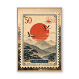 Crane Landscape Vintage Wall Art – Orvalia Stamp With Red Sun