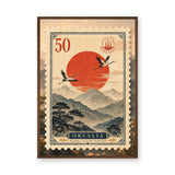 Crane Landscape Vintage Wall Art – Orvalia Stamp With Red Sun