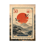 Crane Landscape Vintage Wall Art – Orvalia Stamp With Red Sun