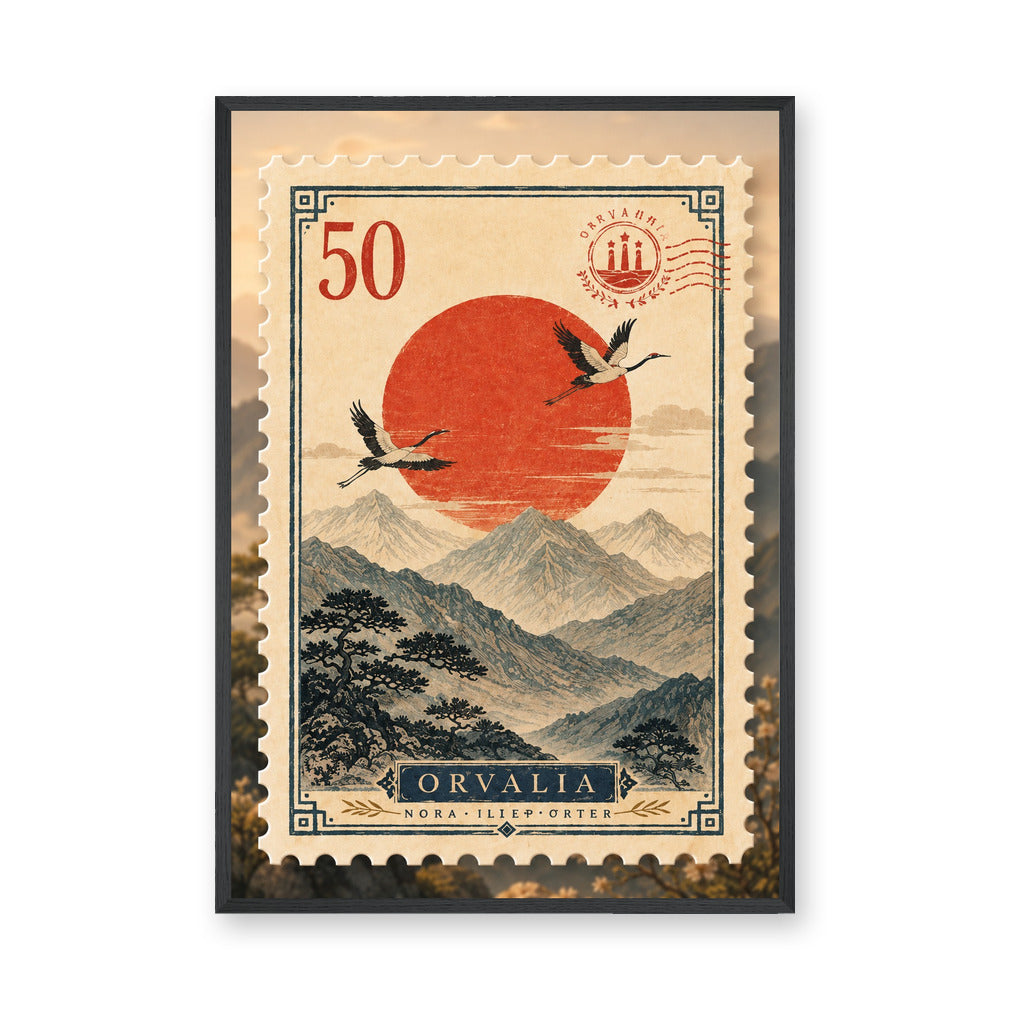 Crane Landscape Vintage Wall Art – Orvalia Stamp With Red Sun