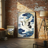 Crane with Blue Clouds Aesthetic Décor Poster Home Wall Décor