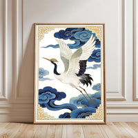 Crane with Blue Clouds Aesthetic Décor Poster Home Wall Décor