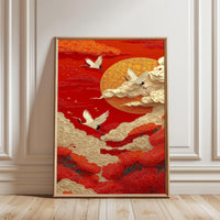 Cranes and Clouds Aesthetic Wall Décor, Minimal Cloudscape Canvas Art Set of 3
