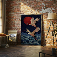 Cranes and Red Sun Aesthetic Wall Poster Print