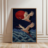 Cranes and Red Sun Aesthetic Wall Poster Print