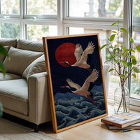 Cranes and Red Sun Aesthetic Wall Poster Print