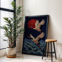 Cranes and Red Sun Aesthetic Wall Poster Print