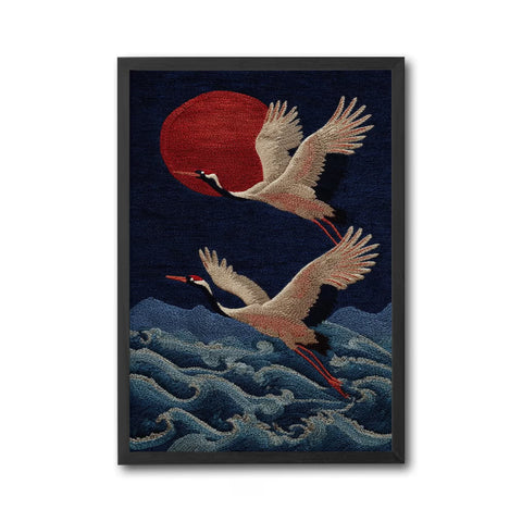 Cranes and Red Sun Aesthetic Wall Poster Print