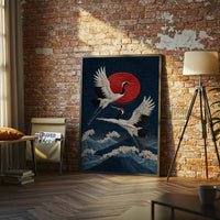 Cranes and Red Sun Japanese Wall Décor Poster – Elegant Simple Asian Print