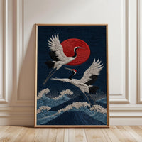 Cranes and Red Sun Japanese Wall Décor Poster – Elegant Simple Asian Print