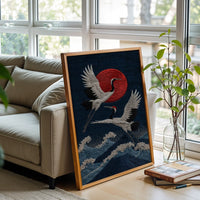 Cranes and Red Sun Japanese Wall Décor Poster – Elegant Simple Asian Print