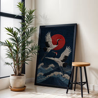 Cranes and Red Sun Japanese Wall Décor Poster – Elegant Simple Asian Print