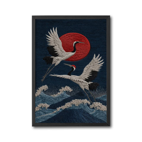 Cranes and Red Sun Japanese Wall Décor Poster – Elegant Simple Asian Print