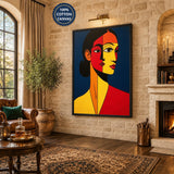 Cubist Woman Portrait Pop Art Wall Art – Red Yellow Faces on Navy