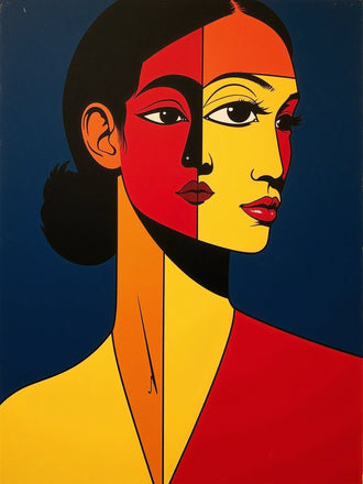 Cubist Woman Portrait Pop Art Wall Art – Red Yellow Faces on Navy