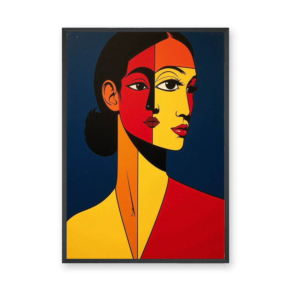 Cubist Woman Portrait Pop Art Wall Art – Red Yellow Faces on Navy