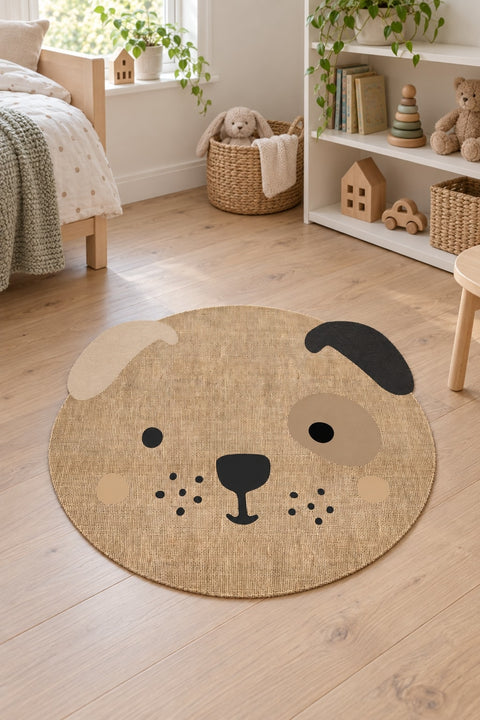 Cute Animal Round Kids Rug – Natural Jute in a nursery