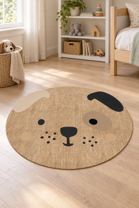 Cute Animal Round Kids Rug – Natural Jute in a nursery