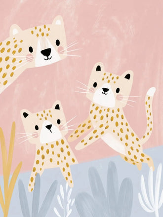 Cute Leopard Cubs Kids Wall Art – Pastel Pink Nursery Animal Print