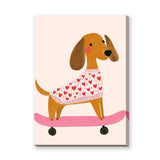 Dachshund Skateboard Kids Wall Art – Dog in Heart Sweater on Pink Board