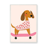Dachshund Skateboard Kids Wall Art – Dog in Heart Sweater on Pink Board