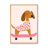 Dachshund Skateboard Kids Wall Art – Dog in Heart Sweater on Pink Board
