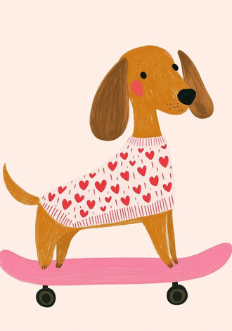 Dachshund Skateboard Kids Wall Art – Dog in Heart Sweater on Pink Board